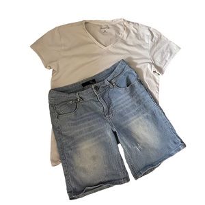 Girl White V-Neck Blouse and Shorts